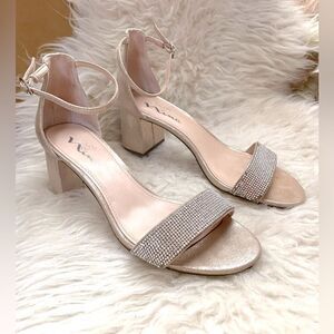 Nina Ankle Straps Rhinestones Rose Gold Satin Block Heels 8